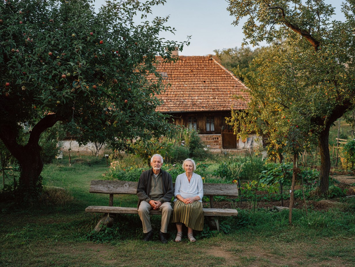 Starší manželé odpočívají na lavičce v zahradě s jabloněmi u venkovského domu